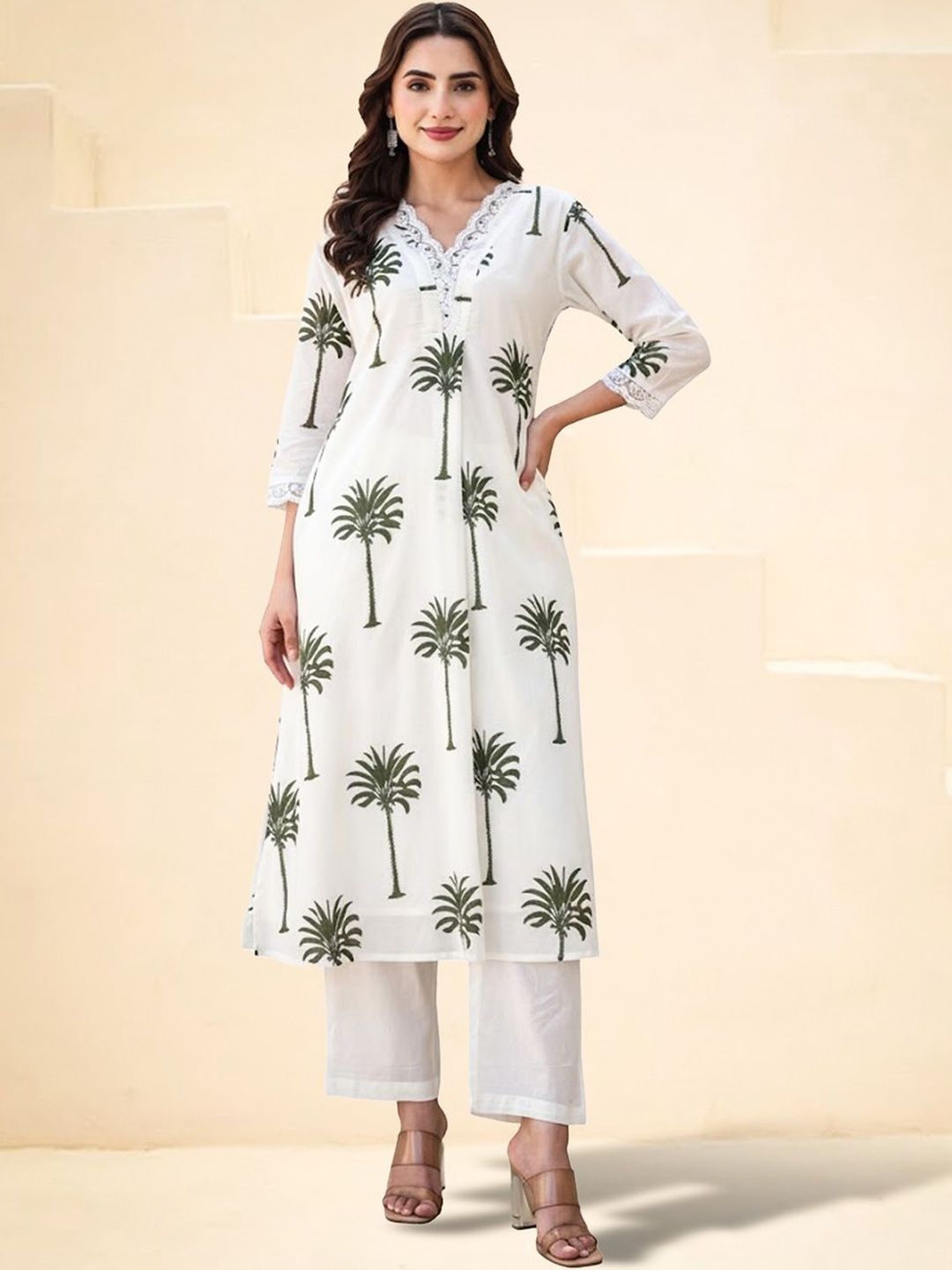 Dhiyona IE Women Ethnic Motifs Printed Regular Thread Work Pure Cotton Kurta with Trousers
