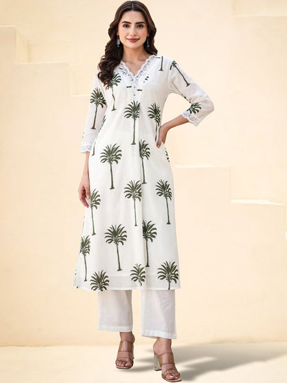 Women Ethnic Motifs Printed Regular Thread Work Pure Cotton Kurta with Trousers