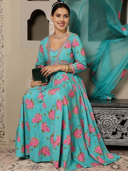 Dhiyona SN Women's Floral Printed Anarkali Kurta with Trouser & Dupatta
