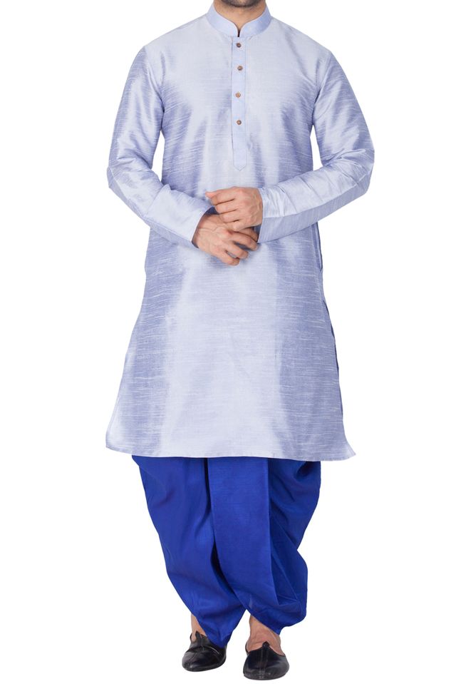 Men's Bluish White Silk Blend Straight Kurta and Dhoti Set