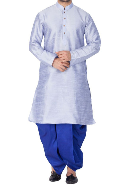 Men's Bluish White Silk Blend Straight Kurta and Dhoti Set