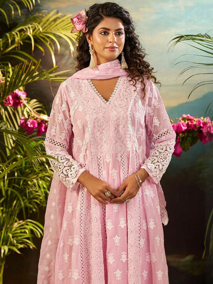 Women Ethnic Motifs Embroidered Cotton A-Line Kurta with Trousers & Dupatta