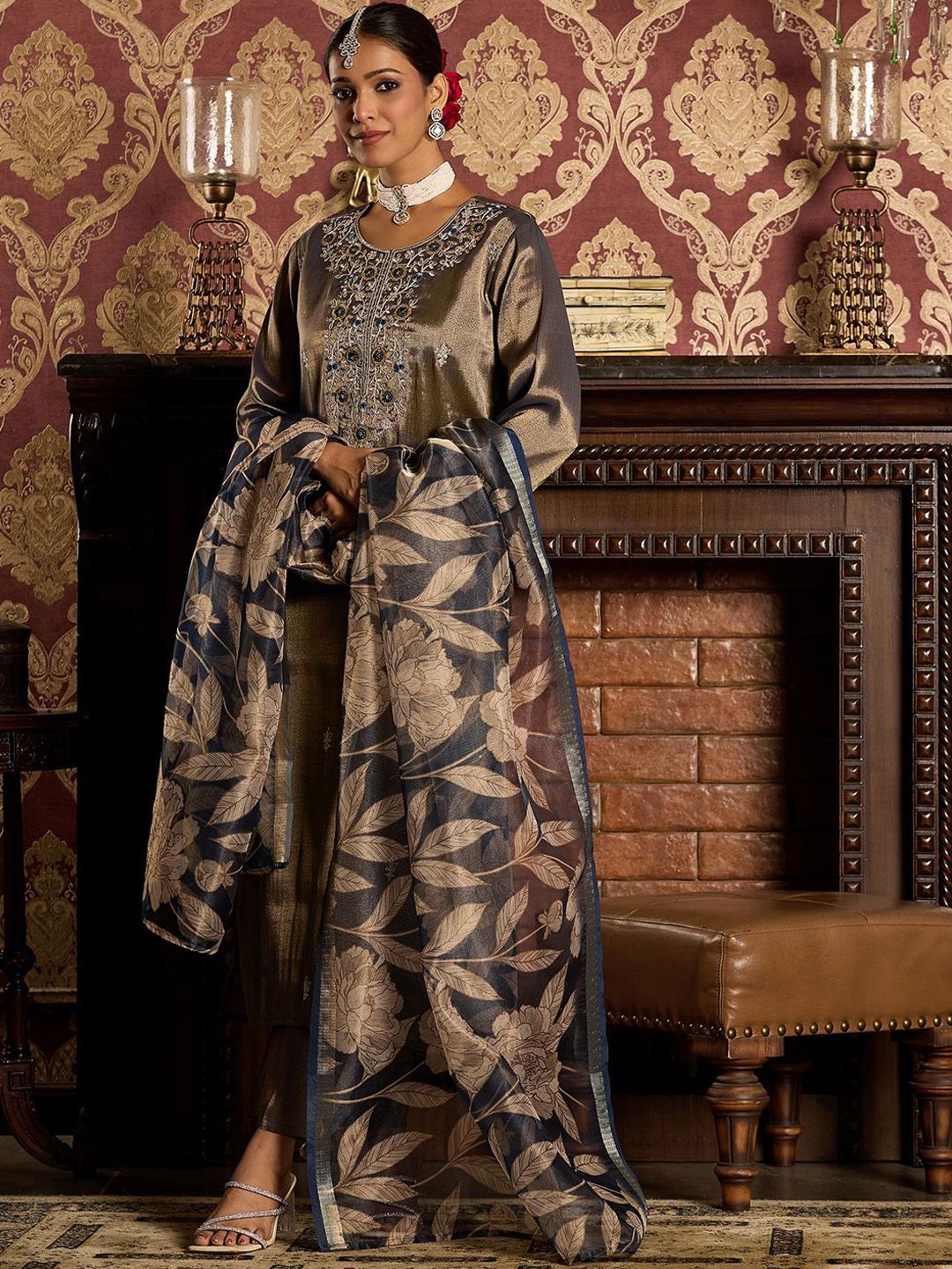 Dhiyona IE Floral Embroidered Zari Liva Kurta With Trousers & Dupatta