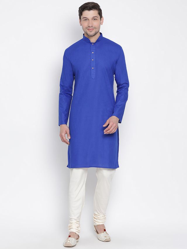 Men's Blue Cotton Linen Straight Kurta Pyjama Set