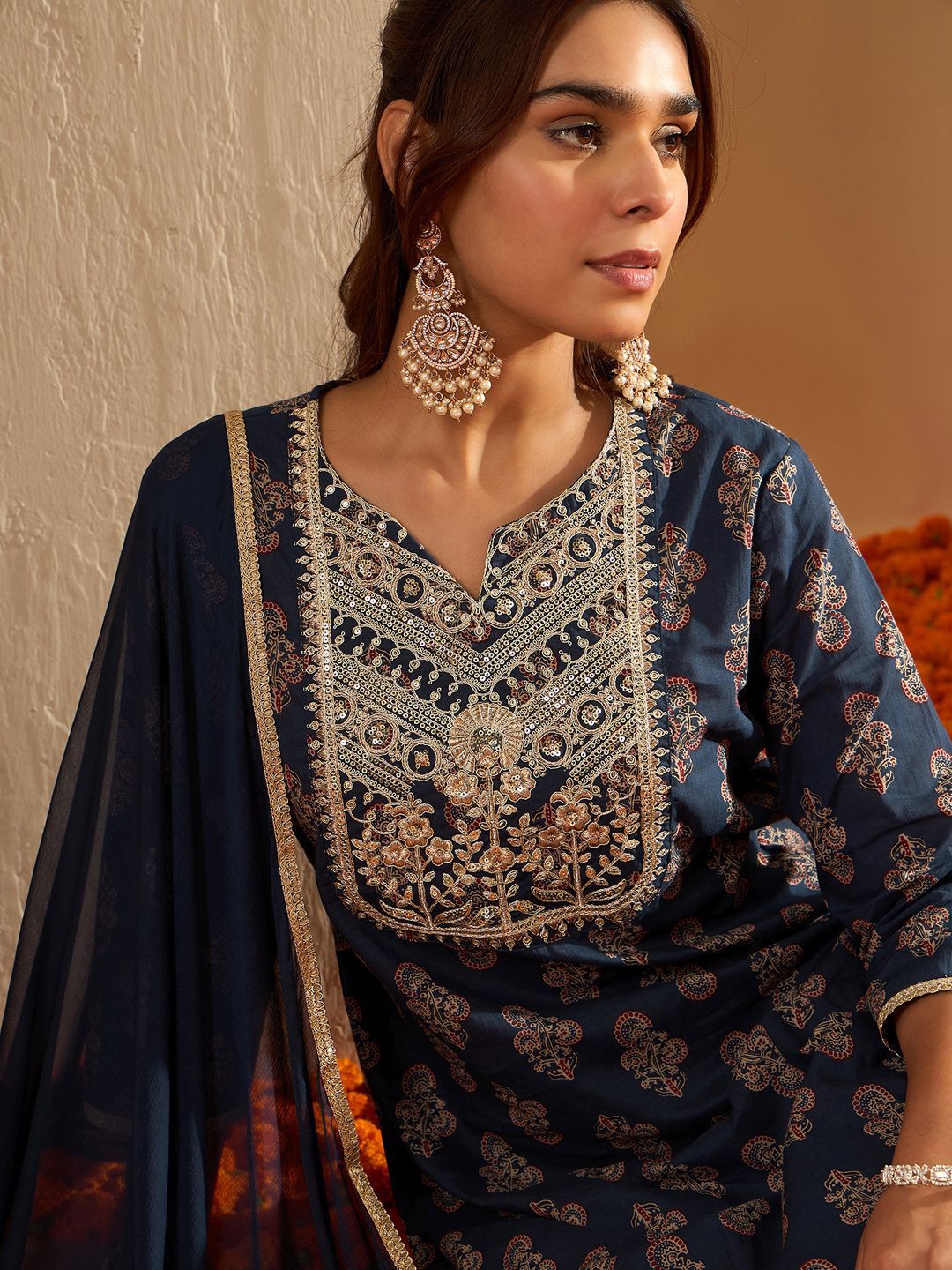 Dhiyona IE Ethnic Motifs Printed Sequinned Pure Cotton Kurta with Palazzos & Dupatta