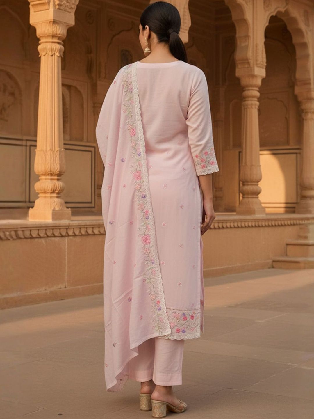 Women Pure Cotton Floral Embroidered Kurta Set With Trousers & Dupatta