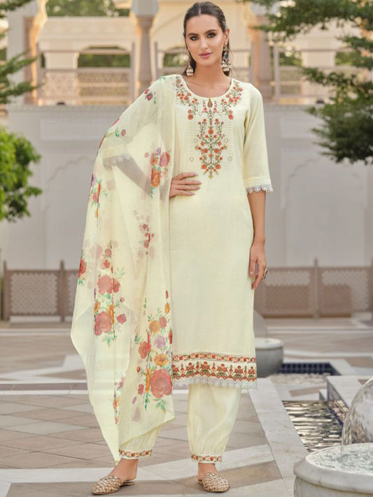 Dhiyona VA Women'sFloral Embroidered Key Hole Neck Kurta With Salwar & Dupatta
