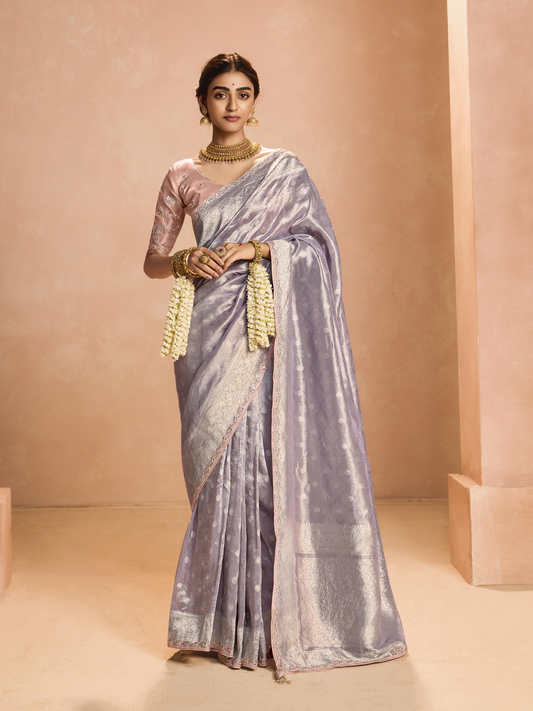 Dhiyona KM Women Lavender Kanjivaram Silk Saree With Blush Pink Embroidered Blouse “ Perfect For Weddings & Festive Wear