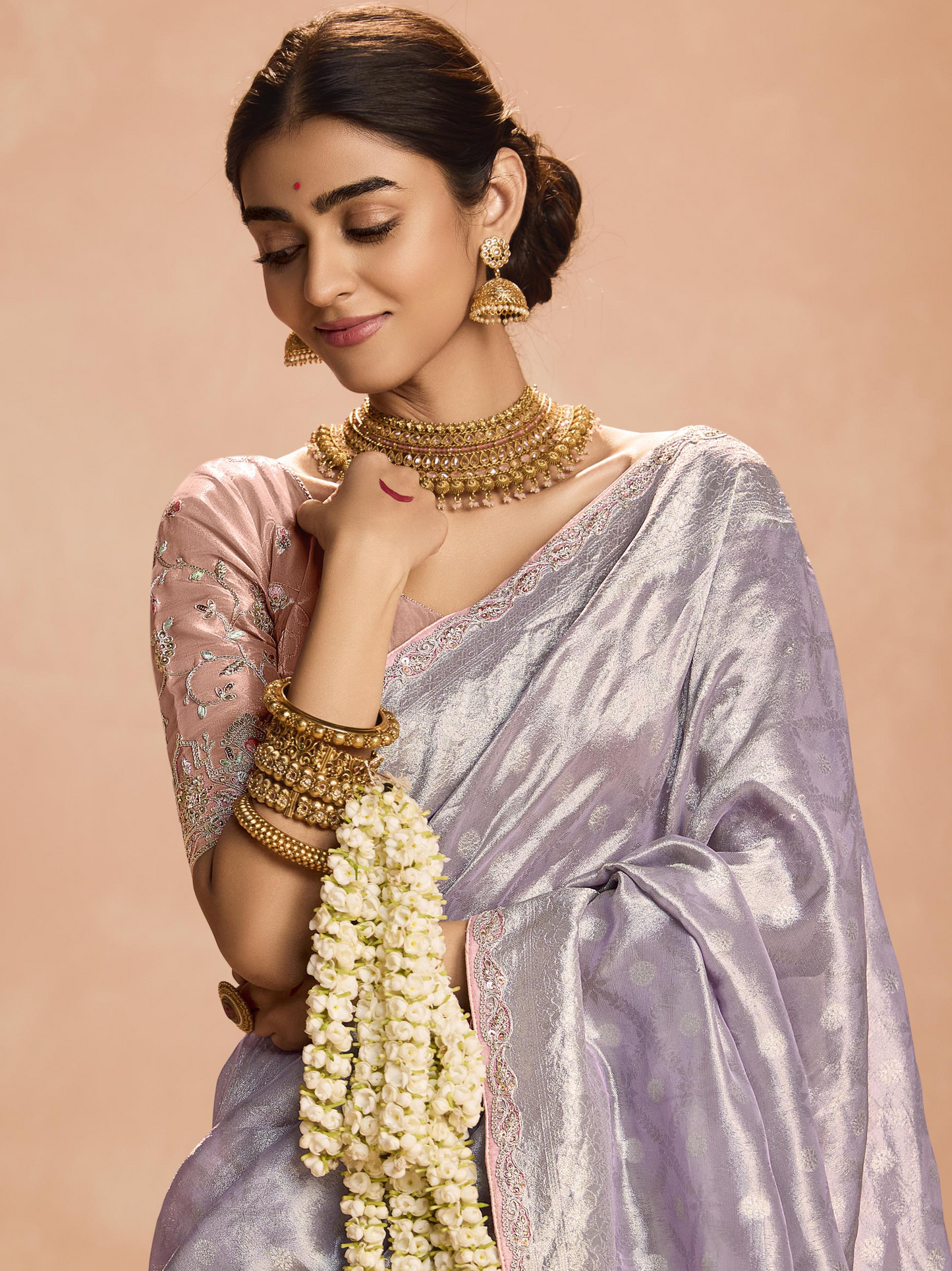 Dhiyona KM Women Lavender Kanjivaram Silk Saree With Blush Pink Embroidered Blouse “ Perfect For Weddings & Festive Wear