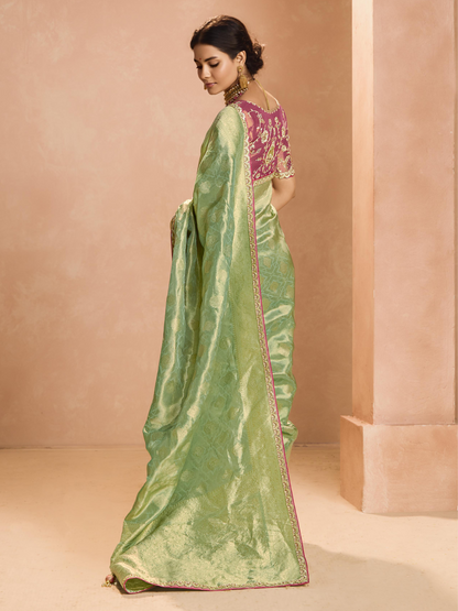 Dhiyona KM Women Mint Green Kanjivaram Silk Saree With Wine Embroidered Blouse “ Perfect For Weddings & Festive Wear