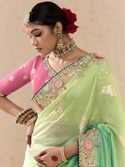 Dhiyona KM Women Shaded Green & Aqua Tussar Silk Saree