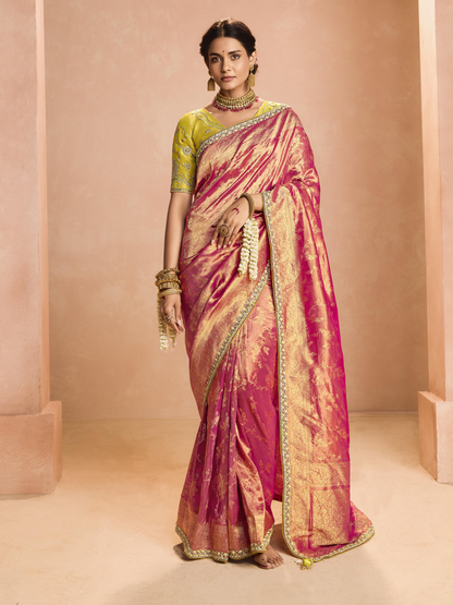 Dhiyona KM Women Red Kanjivaram Silk Saree With Lime Green Embroidered Blouse
