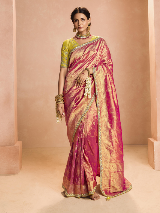 Dhiyona KM Women Red Kanjivaram Silk Saree With Lime Green Embroidered Blouse