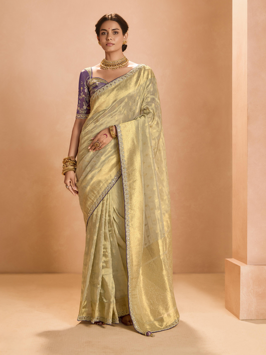 Dhiyona KM Women Gold Kanjivaram Silk Saree With Royal Purple Embroidered Blouse “ Timeless Grace