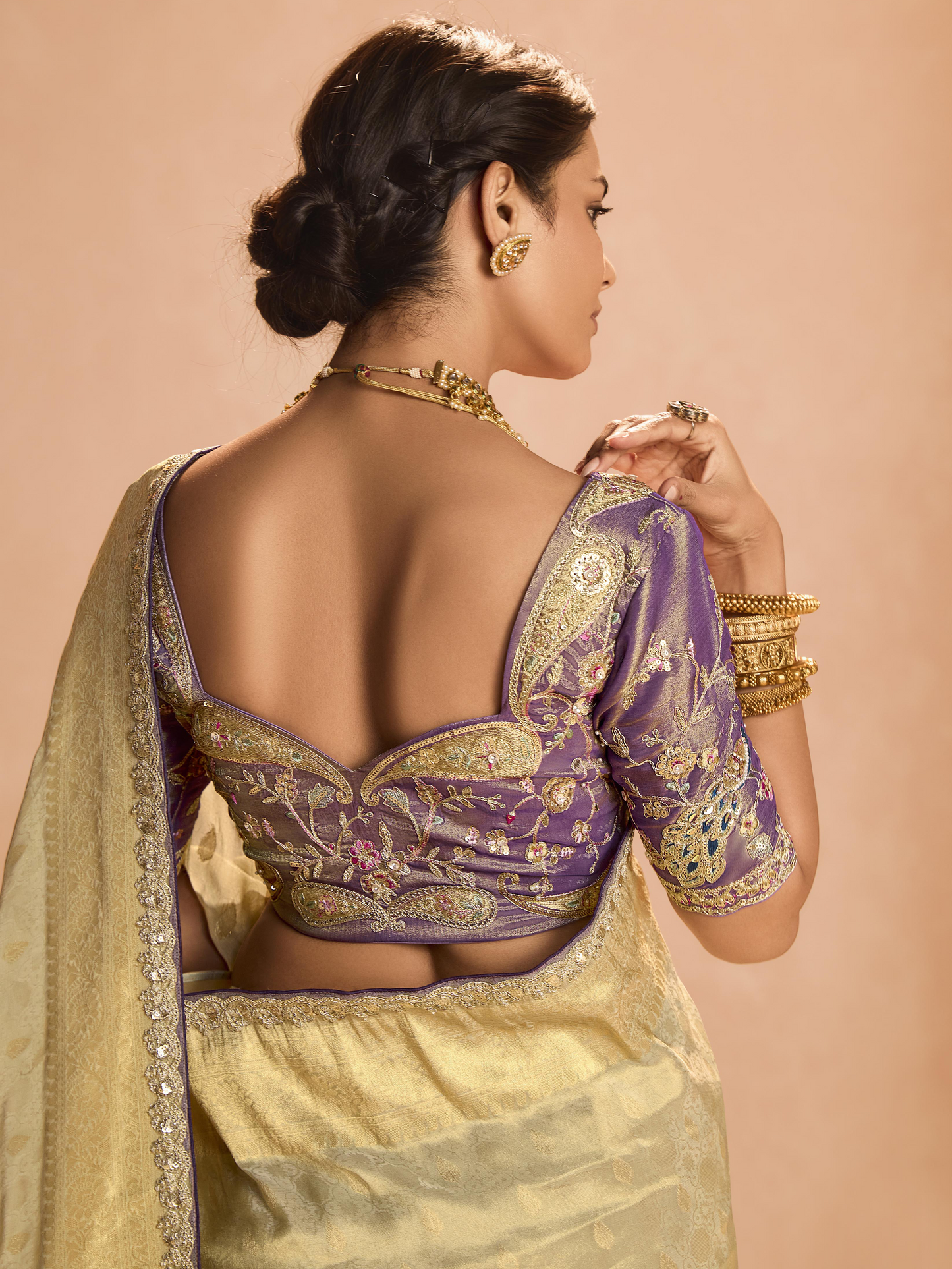 Dhiyona KM Women Gold Kanjivaram Silk Saree With Royal Purple Embroidered Blouse “ Timeless Grace
