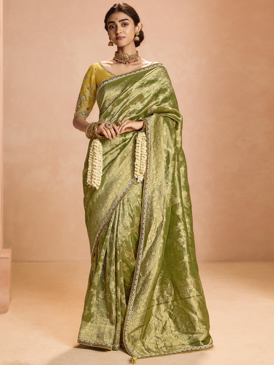 Dhiyona KM Women Radiant Green Kanjivaram Silk Saree With Ornate Yellow Blouse “ A Regal Ensemble