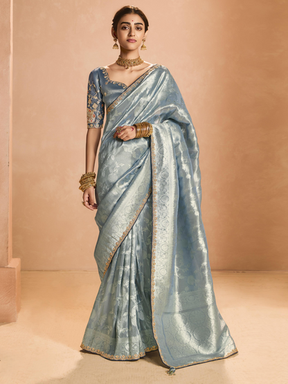 Dhiyona KM Women Elegant Grey Kanjivaram Silk Saree With Embroidered Blouse