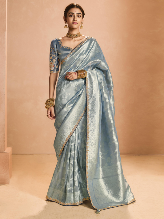 Dhiyona KM Women Elegant Grey Kanjivaram Silk Saree With Embroidered Blouse