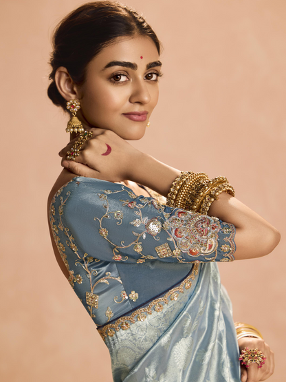 Dhiyona KM Women Elegant Grey Kanjivaram Silk Saree With Embroidered Blouse
