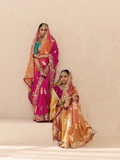 Dhiyona KM Women Shaded Peach, Orange & Yellow Tussar Silk Saree