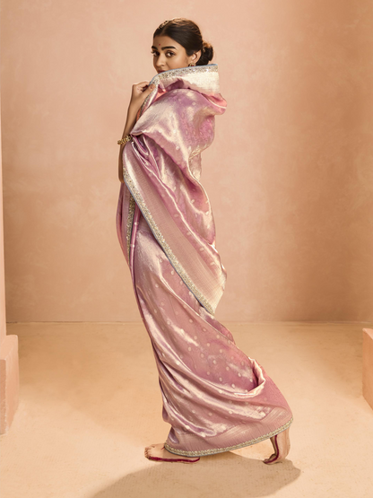Dhiyona KM Women Blush Pink Kanjivaram Silk Saree With Elegant Blue Embroidered Blouse “ Subtle Glamour
