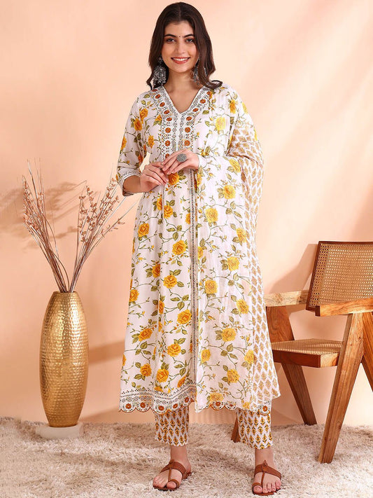 Dhiyona OD  Thread Work Pure Cotton Anarkali Kurta with Trousers & Dupatta