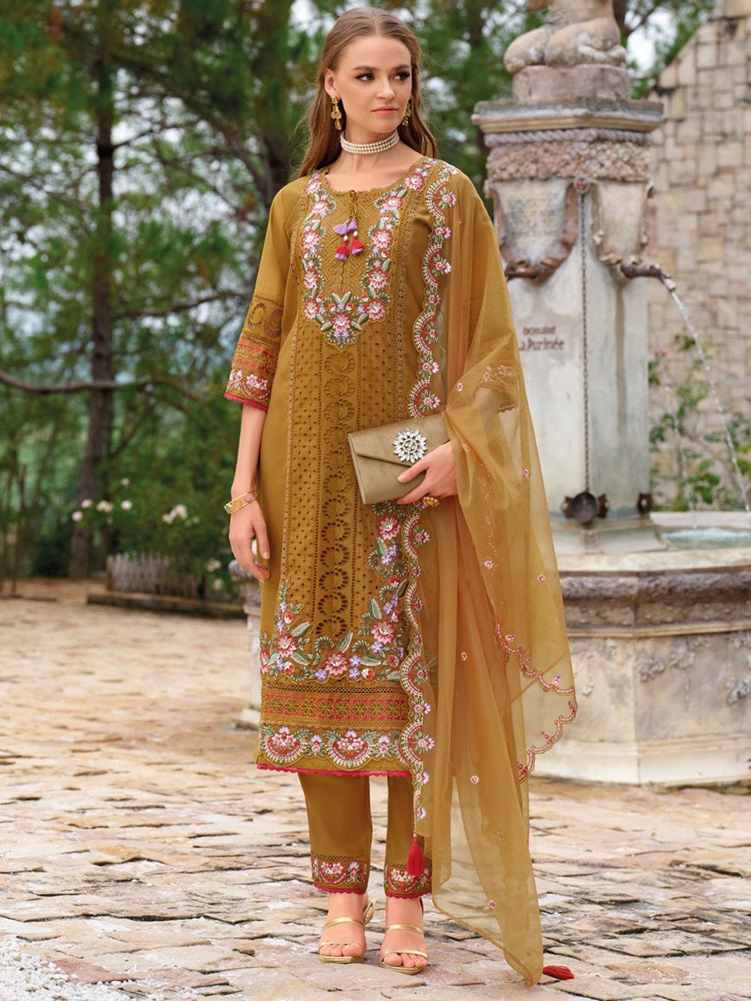 Adults-Women Woven Design Embroidered Kurta with Trousers & Dupatta