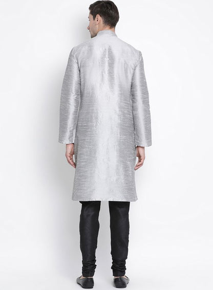 Men's Grey Silk Blend Straight Kurta Pyjama Set