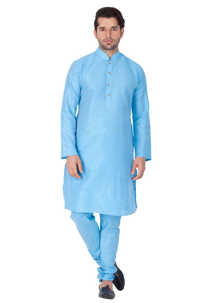 Men's Light Blue Silk Blend Straight Kurta Pyjama Set