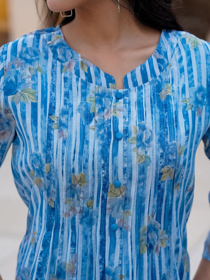 Floral Printed Regular Mandarin Collar Sequinned Pure Cotton Kurta With Trousers