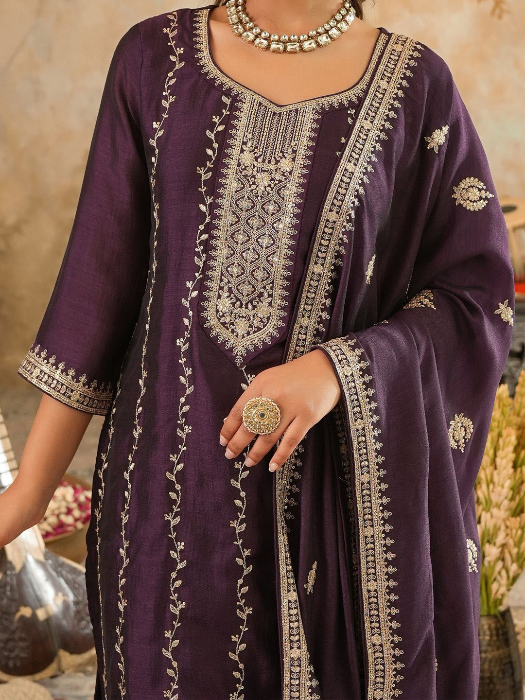 Women Embroidered Straight Kurta Trousers With Dupatta Set