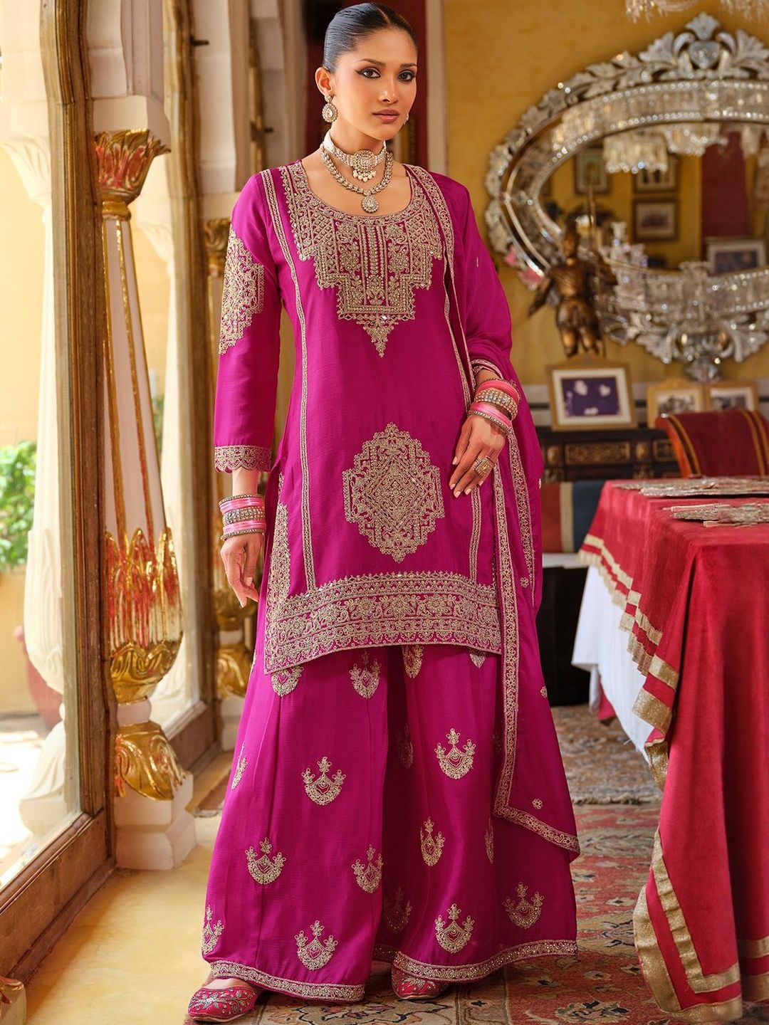 Women Ethnic Motifs Embroidered Kurta with Palazzo & Dupatta