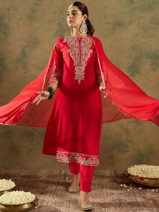 Dhiyona IE Paisley Zari Embroidered Kurta with Trousers & With Dupatta
