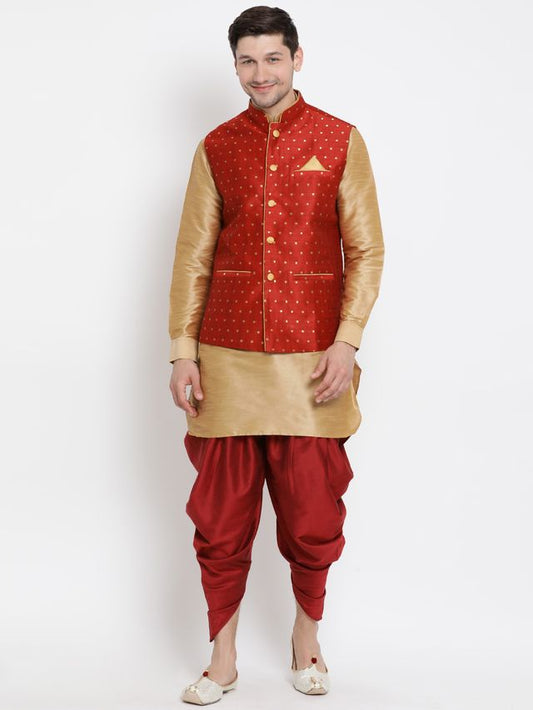 Men's Gold Silk Blend Straight Jacket  Kurta and Dhoti Set