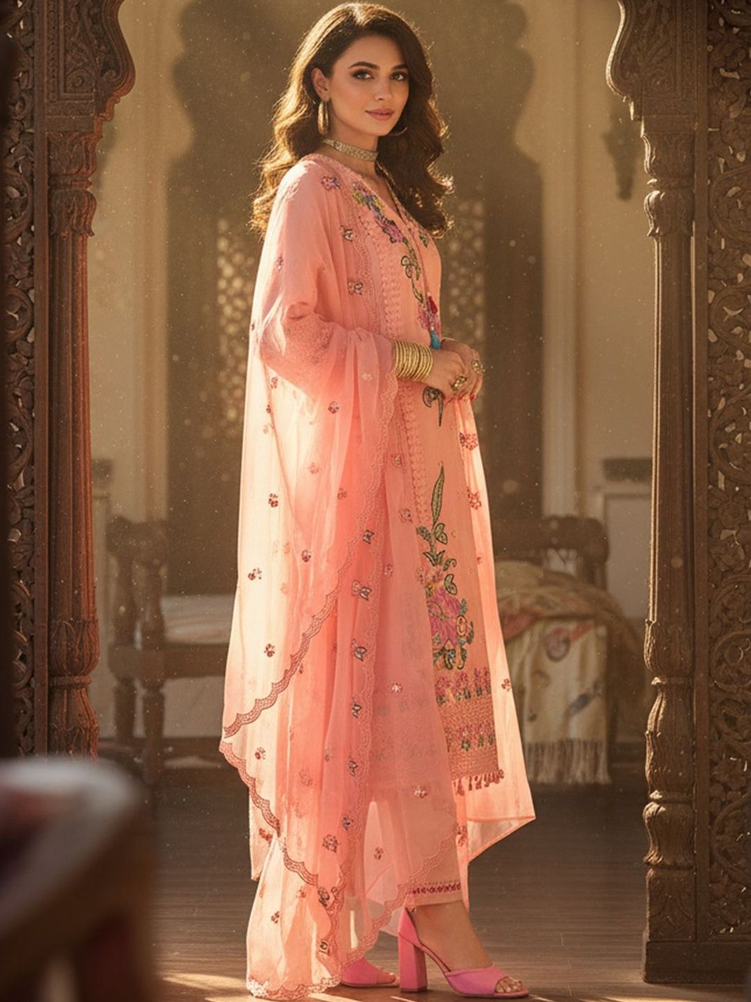 Floral Embroidered V-Neck Pure Cotton Straight Kurta & Trousers With Dupatta