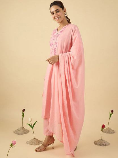 Dhiyona IE Women Floral Embroidered Panelled Thread Work Kurta with Trousers & Dupatta