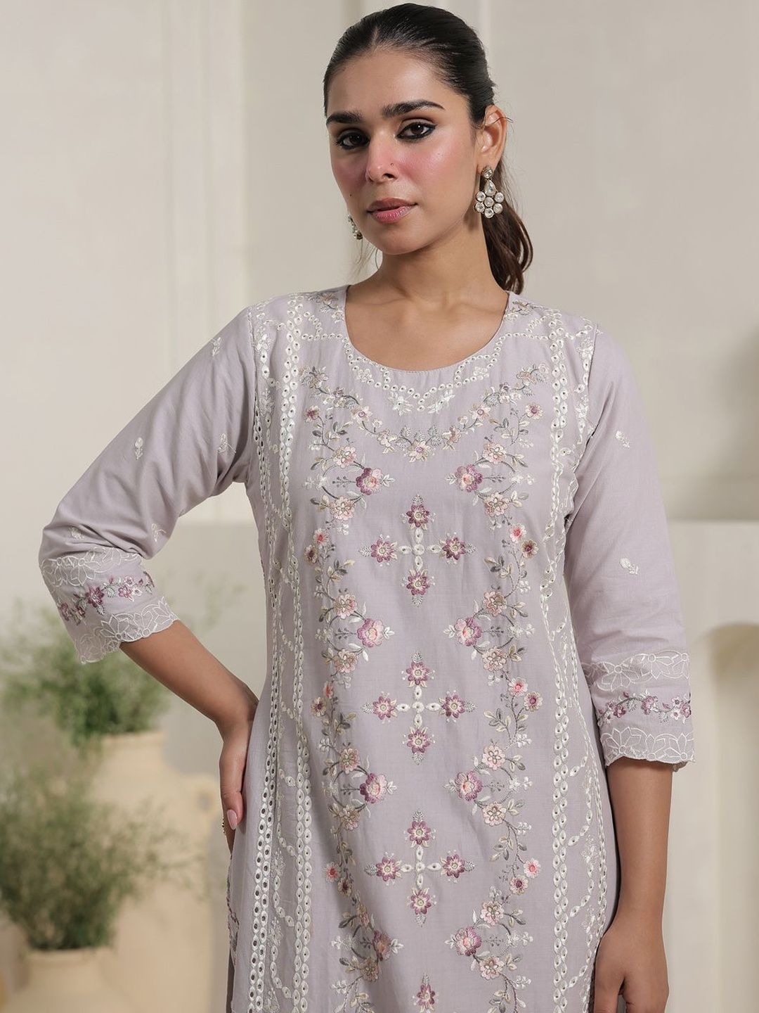 Women Floral Embroidered Cotton Kurta with Trousers & Dupatta