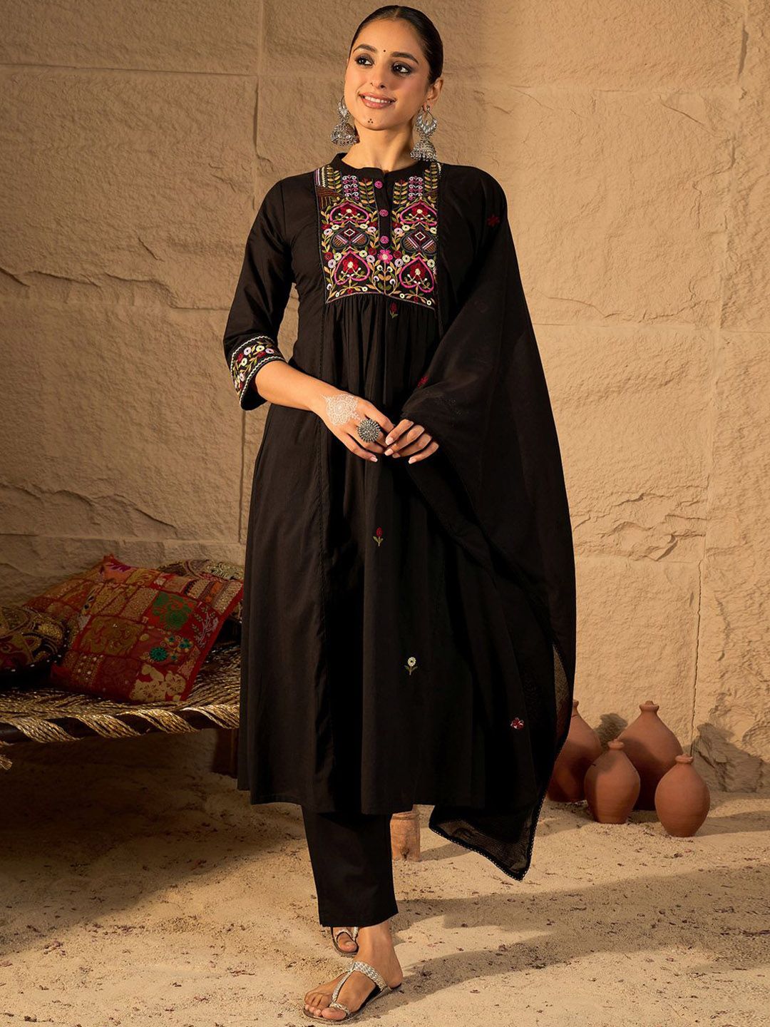 Ethnic Motifs Thread Work Pure Cotton A-Line Kurta & Trousers with Dupatta