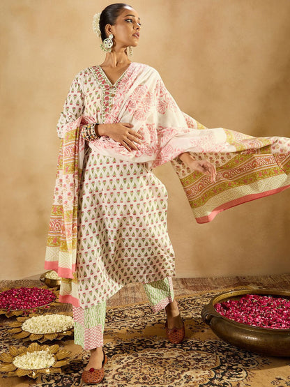 Floral Printed Straight Pure Cotton Kurta with Trousers & Dupatta