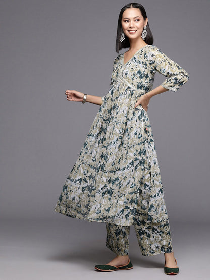 Dhiyona VA Women'sBeige Abstract Printed Empire Thread Work Silk Georgette Kurta & Trouser & Dupatta