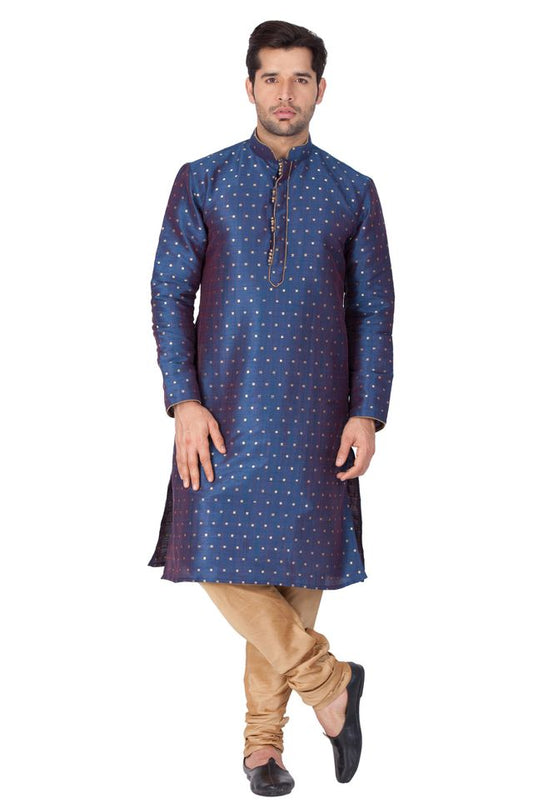 Men's Blue Silk Blend Straight Kurta Pyjama Set