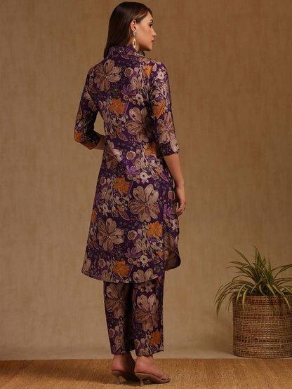 Dhiyona SO Women's Floral Printed Shirt Collar Zari Muslin Straight Kurta With Palazzos