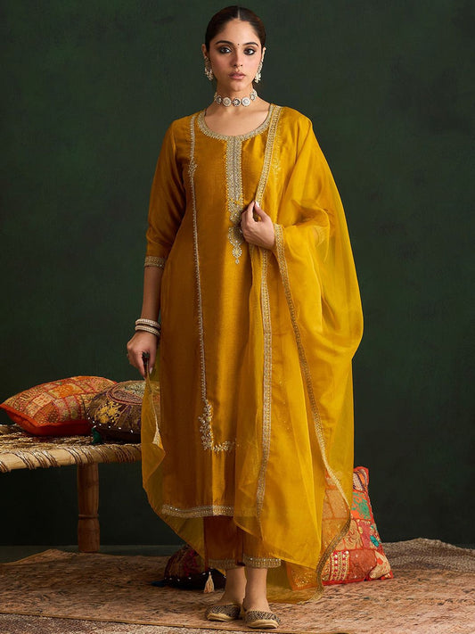 Dhiyona IE Women Embroidered Regular Sequinned Kurta with Trousers & With Dupatta