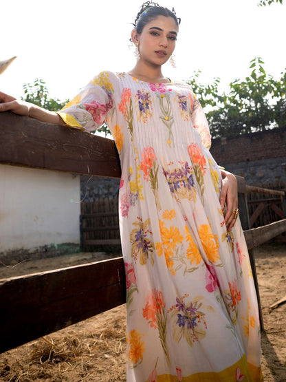 Dhiyona IE Floral Printed Pleated Pure Cotton A-Line Kurta With Trousers