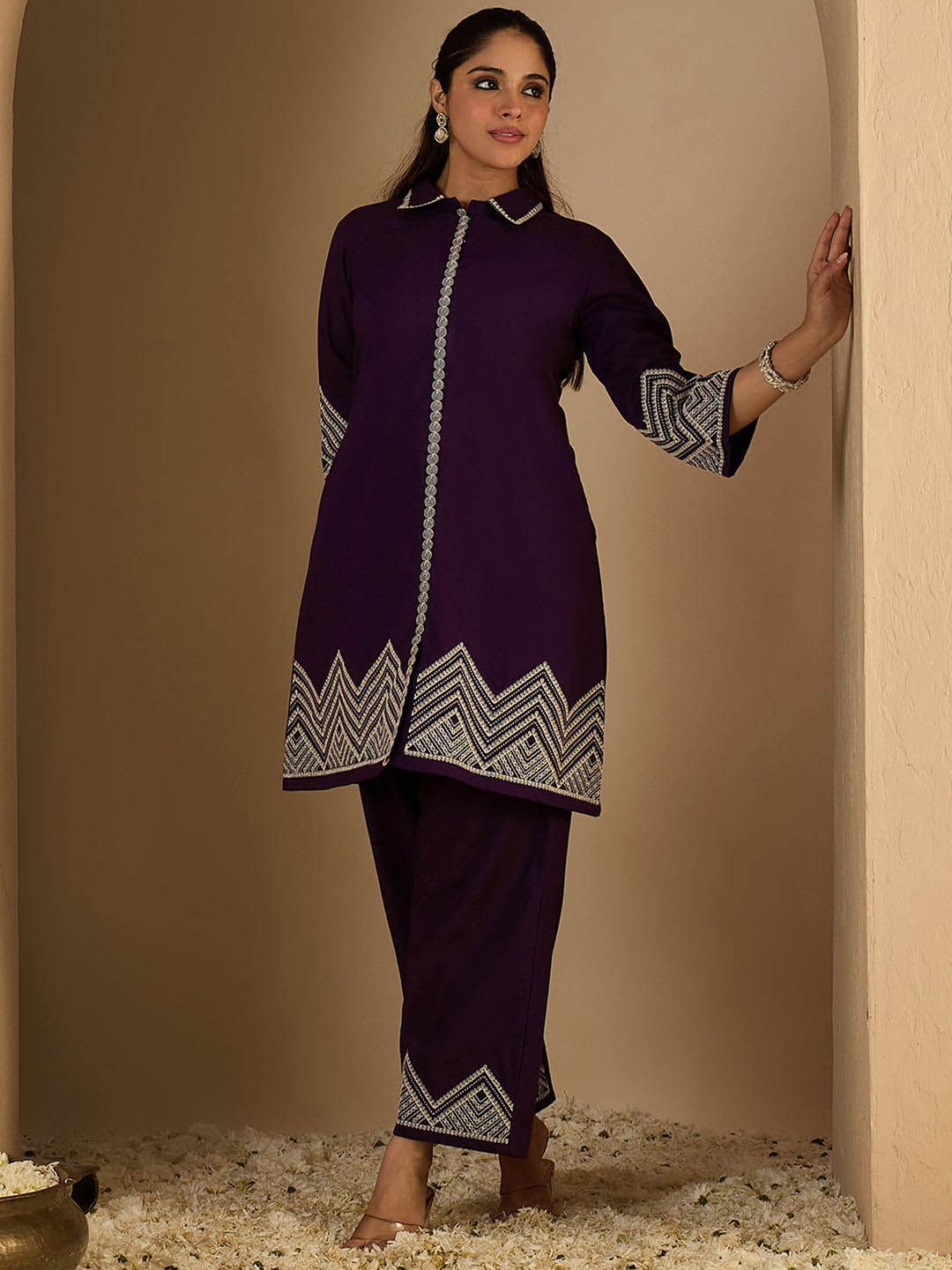Dhiyona IE Embroidered Shirt Collar Pure Cotton A-Line Tunic With Trouser