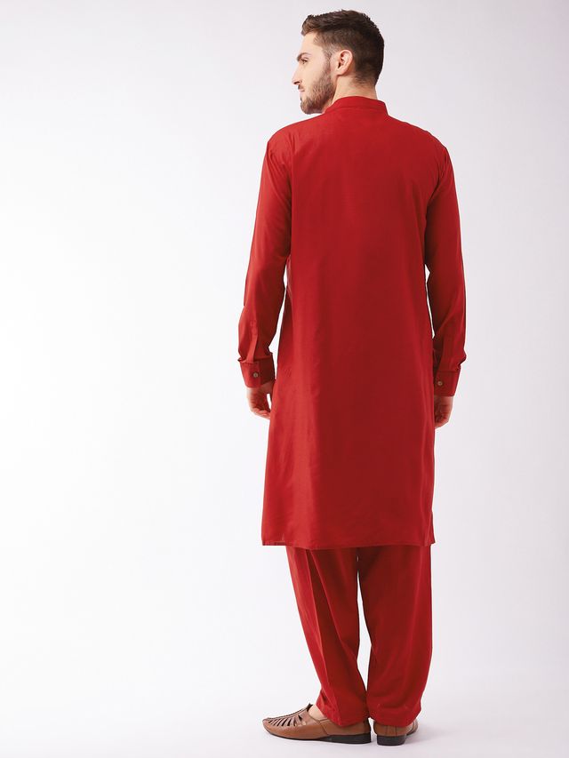 Men's Maroon Cotton Blend Pathani Kurta and Patiala Set