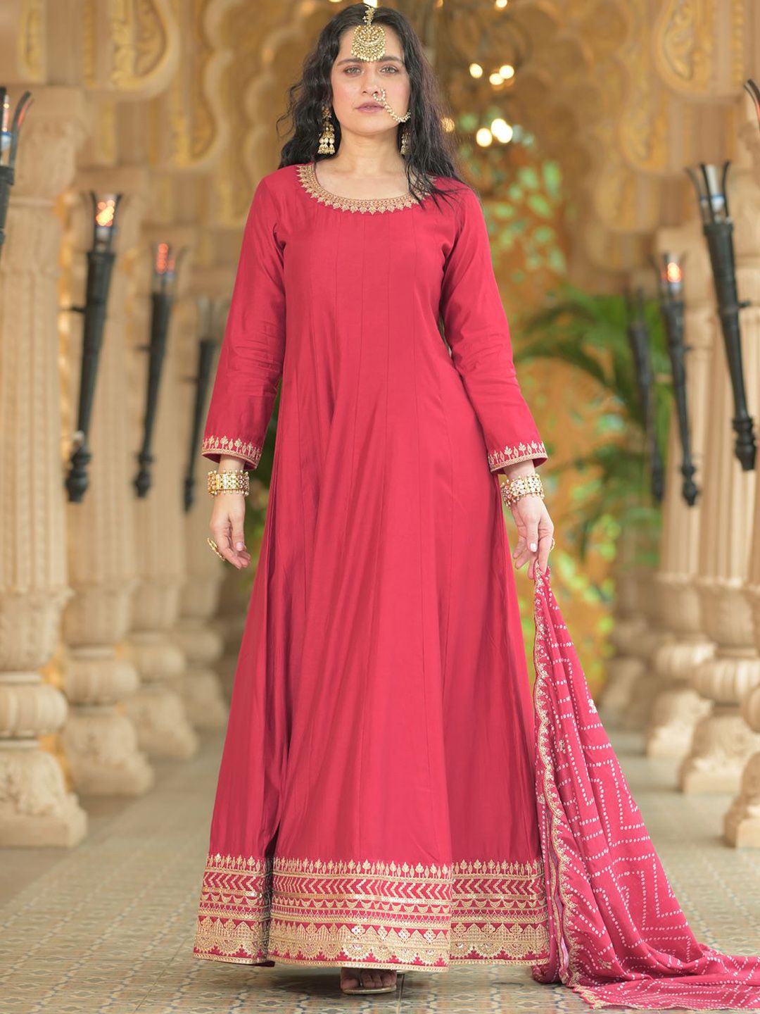Dhiyona IE Ethnic Motifs Embroidered Liva Anarkali Kurta With Trousers & Dupatta