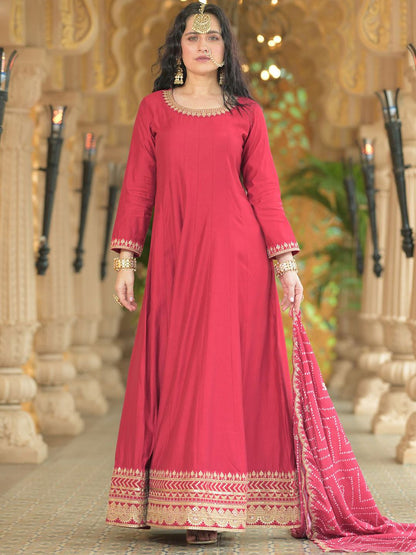 Dhiyona IE Ethnic Motifs Embroidered Liva Anarkali Kurta With Trousers & Dupatta