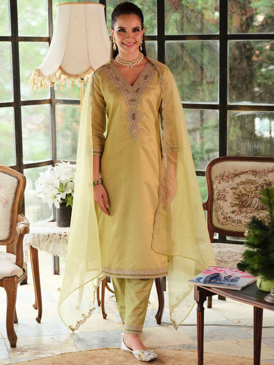 Dhiyona IE Women Ethnic Motifs Embroidered Kurta with Trousers & With Dupatta Kurta Sets