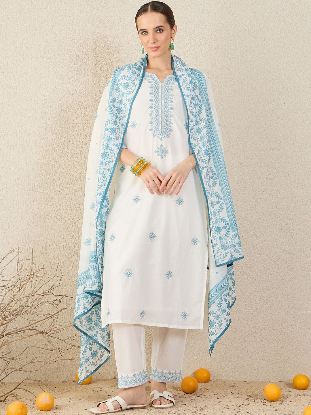 Floral Embroidered Straight Pure Cotton Kurta With Trousers & Dupatta